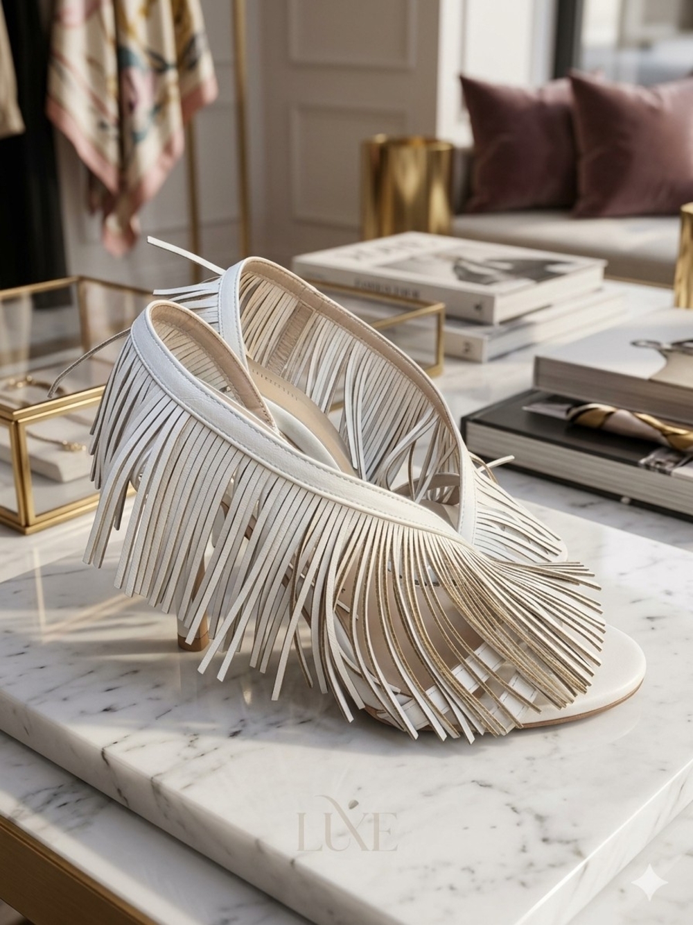 Fringe Slingback Sandals in Cream